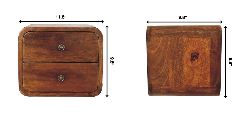 Solid Wood Floating Mini Nightstand, 2-Drawers, Chestnut, Brown