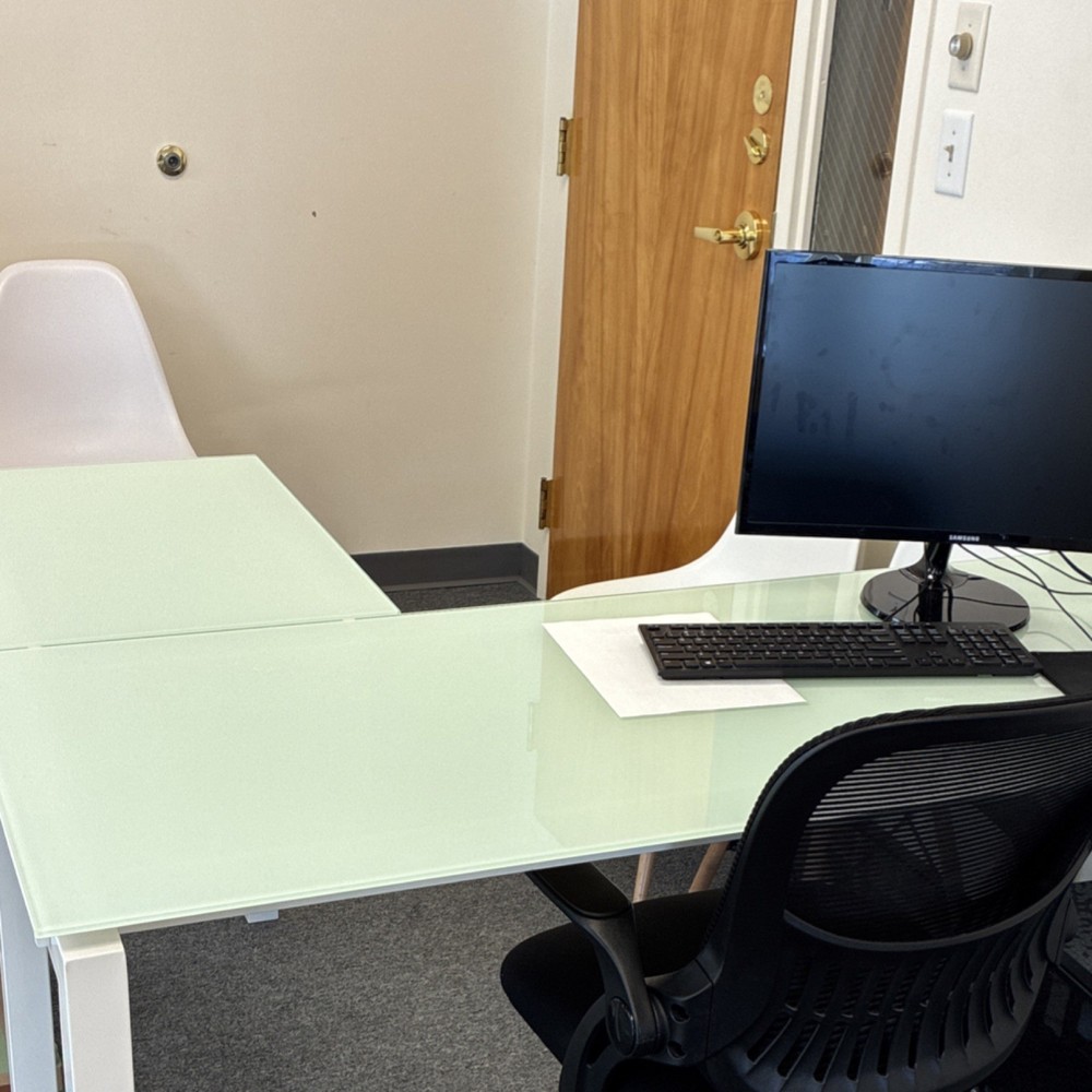 Glass Top L-Shaped Corner Office Desk with White Frame, Rectangle Shape