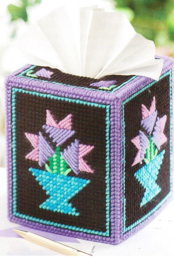 QUILTS & FLOWERS TISSUE BOX COVER HOME DECOR PLASTIC CANVAS PATTERN INSTRUCTIONS