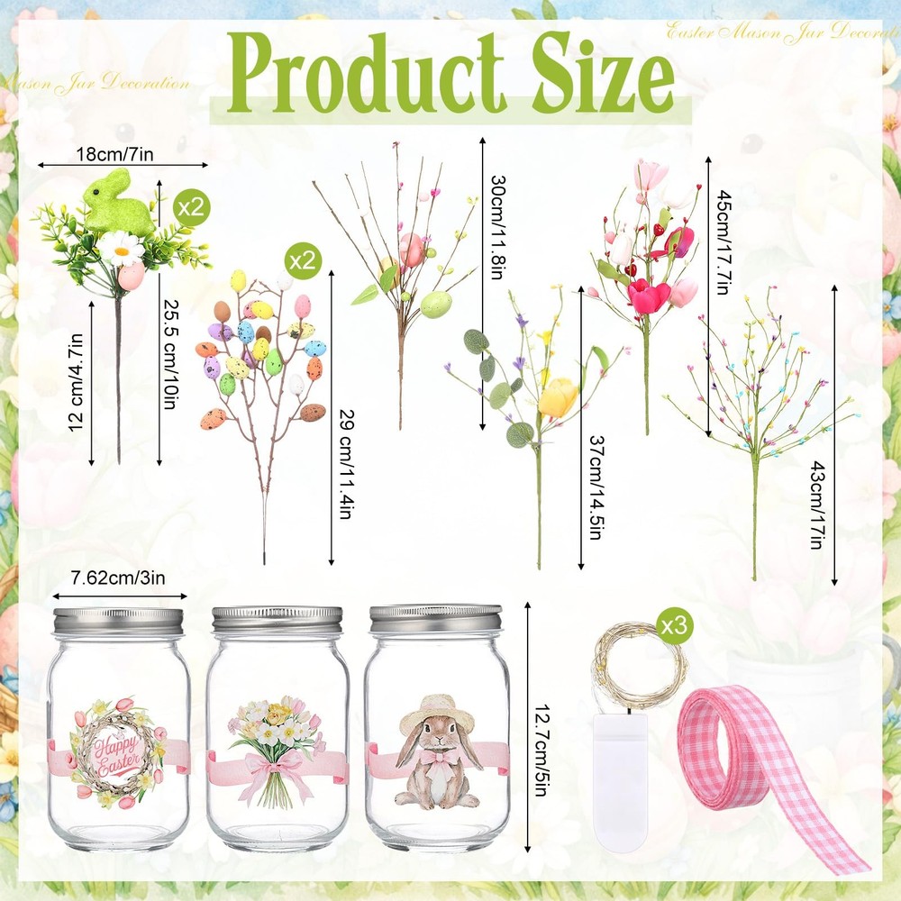 3 Sets Easter Centerpiece Table Decorations DIY Mason Jar Light Decoration wi...