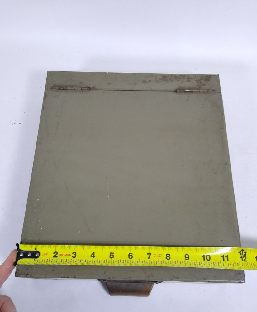Vintage 2 Steel Storage Box w/ hinge lid, drawer, green, component, insert