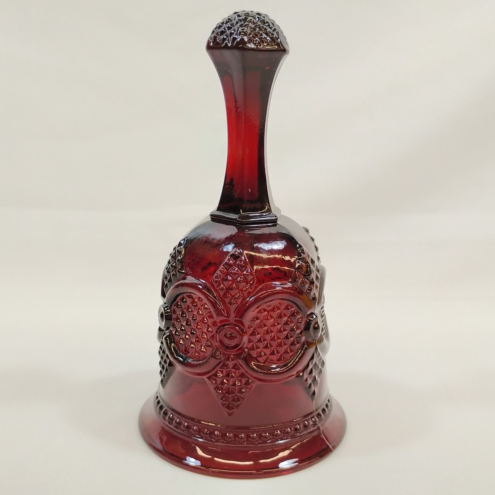 Vintage Ruby Red Pressed Glass Bell Decorative Collectible Intricate Pattern