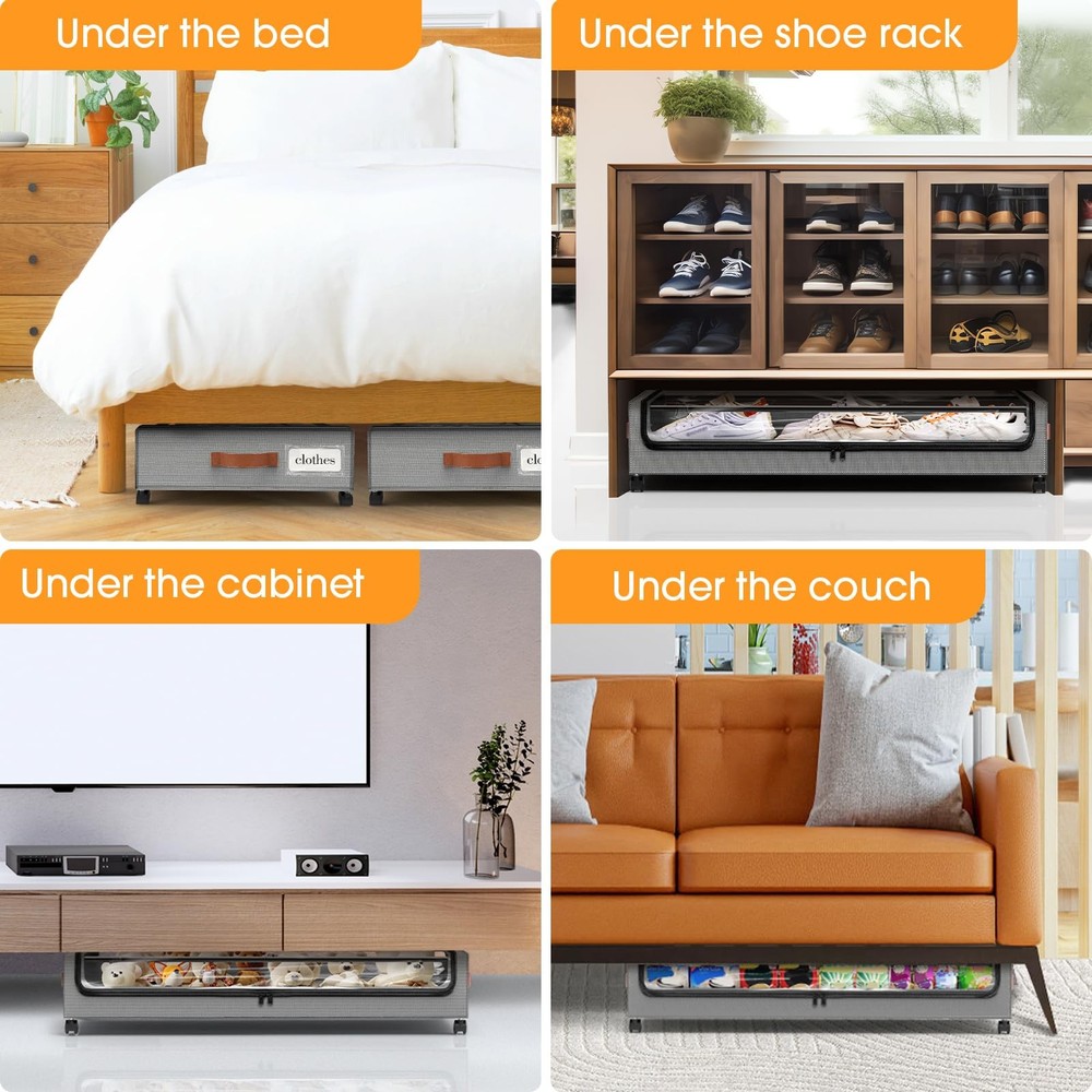 Under Bed Storage with Wheels 2Pack Underbed Storage with Clear Window&Label ...