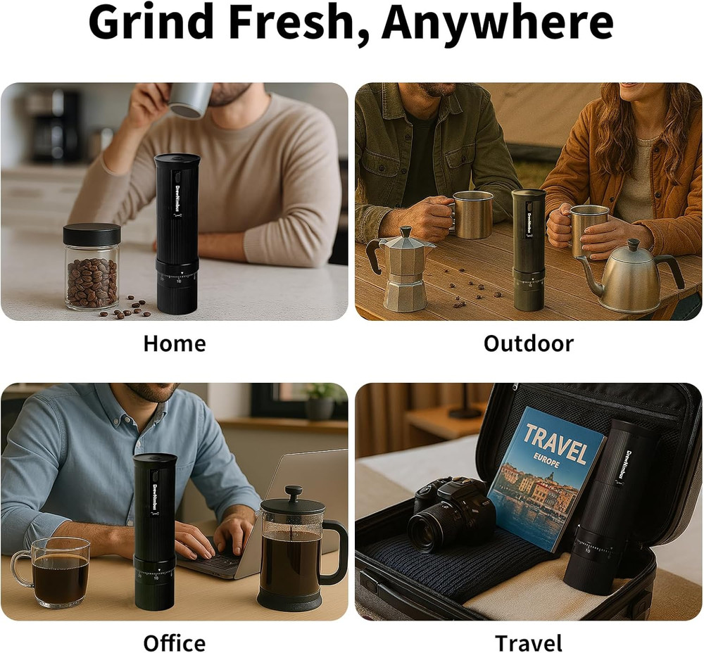 Rechargeable Portable Electric Coffee Grinder with Adjustable Settings - Black