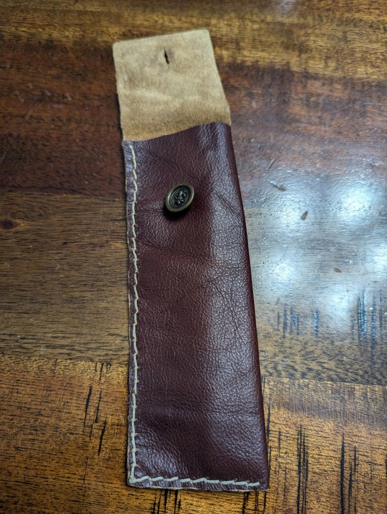 Handmade Brown Thin Leather Pen Bag With Fleur-De-Lis Button
