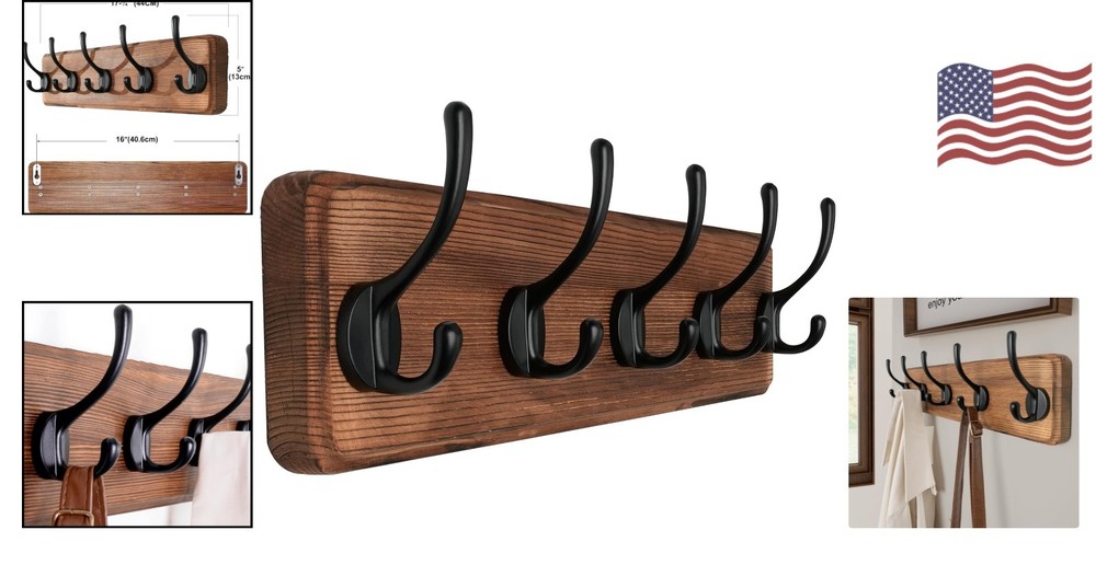 Rustic Wall Mounted Coat Rack - 5 Hooks, Pine Wood with Distressed Finish