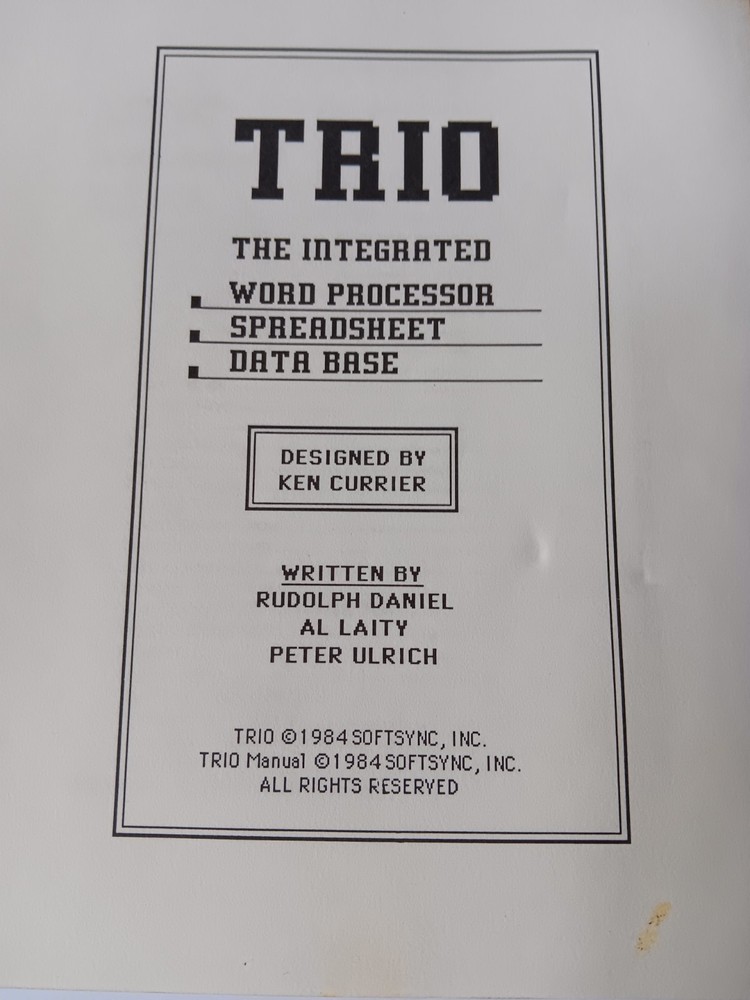 Trio The Integrated Word Processor Spreadsheet Database Manual Guide Softsync
