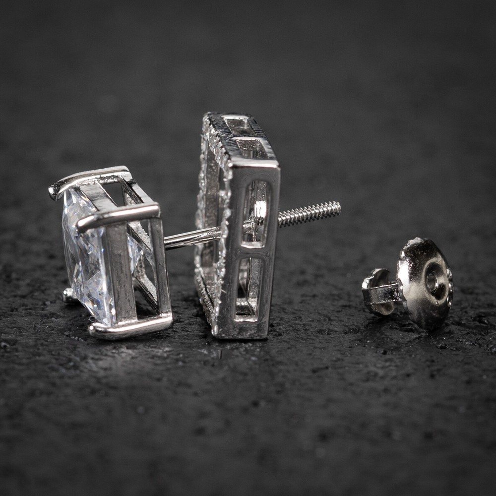 Mens Iced Interchangeable Sterling Silver Square Hip Hop Stud Earrings
