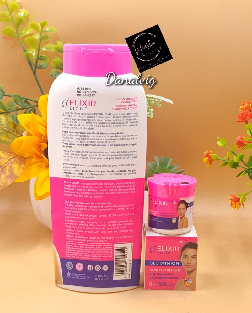 ELIXIR LIGHT GLUTATHION CLARIFYING BODY LOTION 500ml & Face Cream SPF45