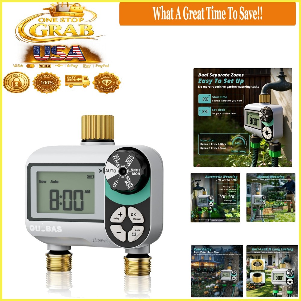 Brass Sprinkler Timer Programmable 2 Zone Water Hose Controller Waterproof LCD