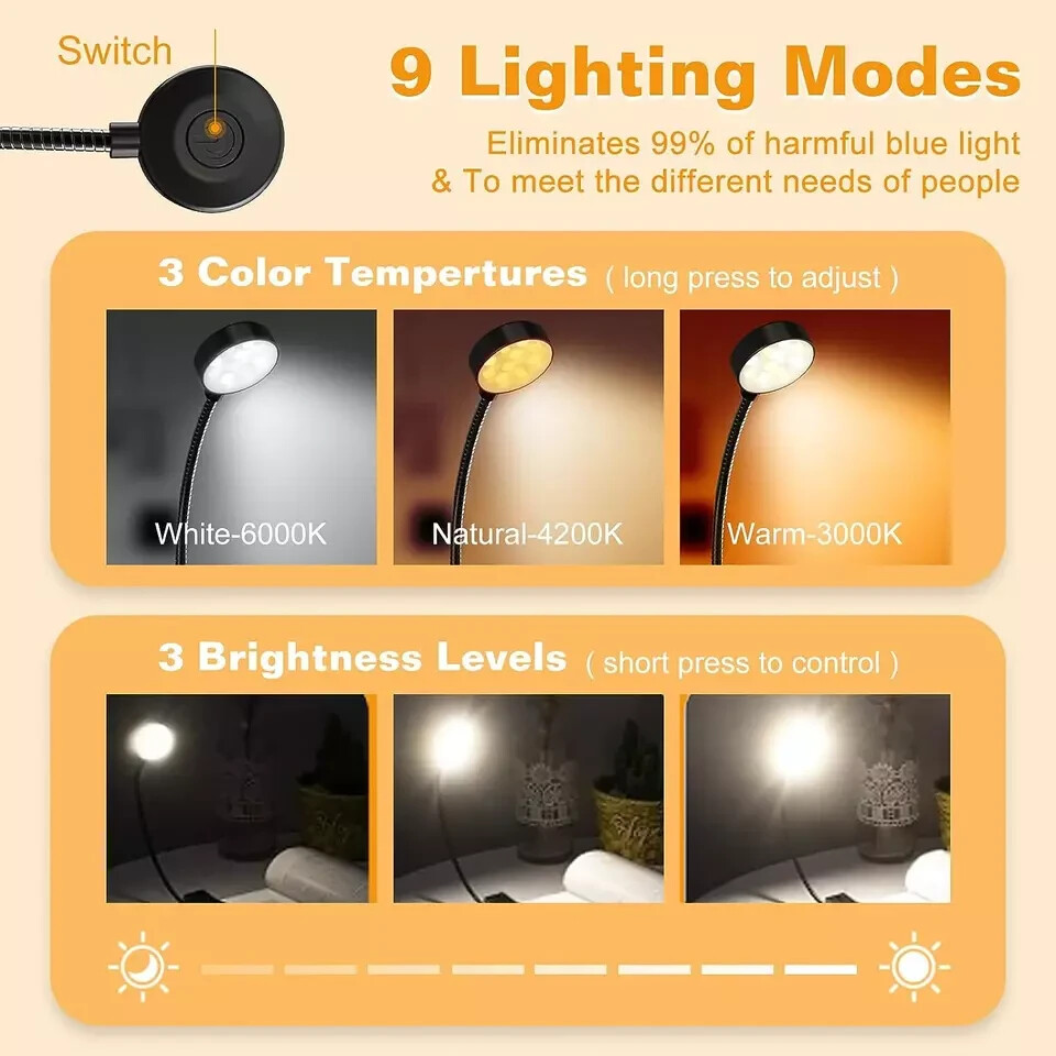 LED Book Light Rechargeable 3 Light Modes Flexible Book Reading LightLamp Type-C