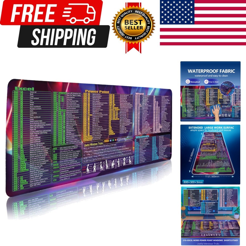 Excel Word Windows powerpoint Cheat Sheet Mousepad, Extended Large Office Shortc