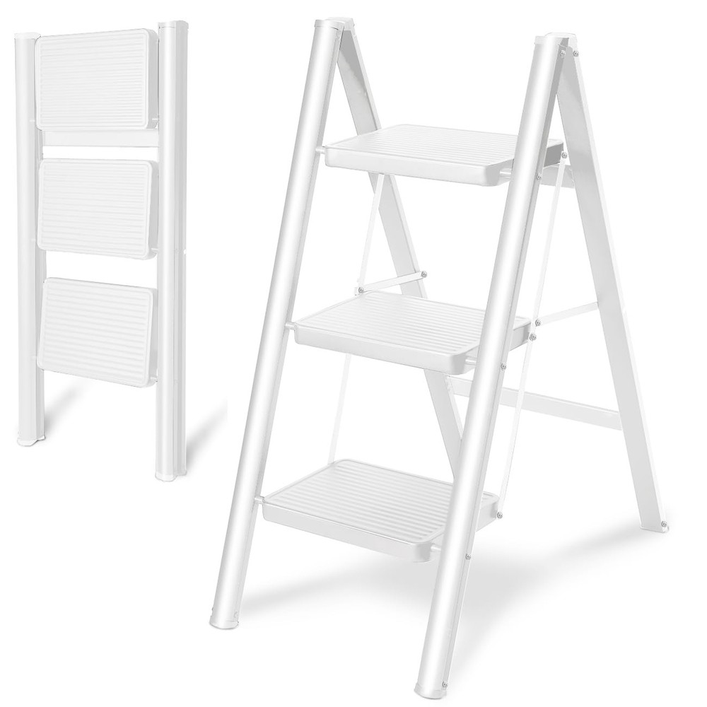 Double Elite Step Ladder 3 Folding, Sturdy 330 Lbs Load 3-Step, White