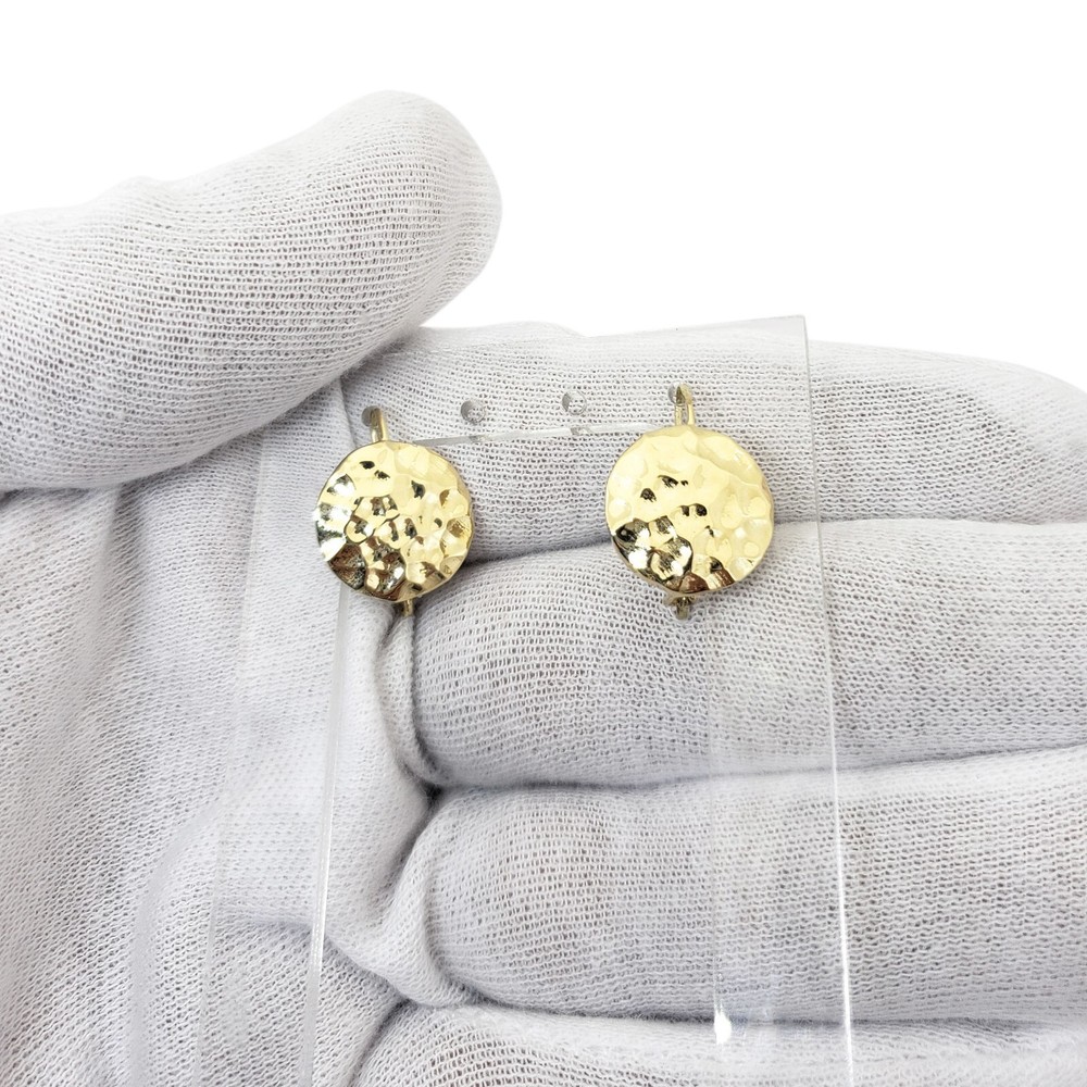 Solid 14K Yellow Gold Drop Dangle Hammered Circle Disc Earrings 14mm