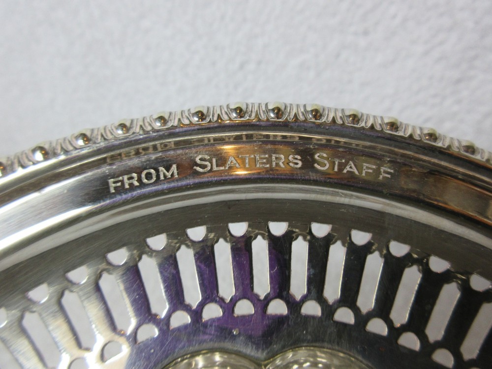 Antique Silver Plate Cut Flower Dish with Fold Down Handle. Engraved 1908 - 1924