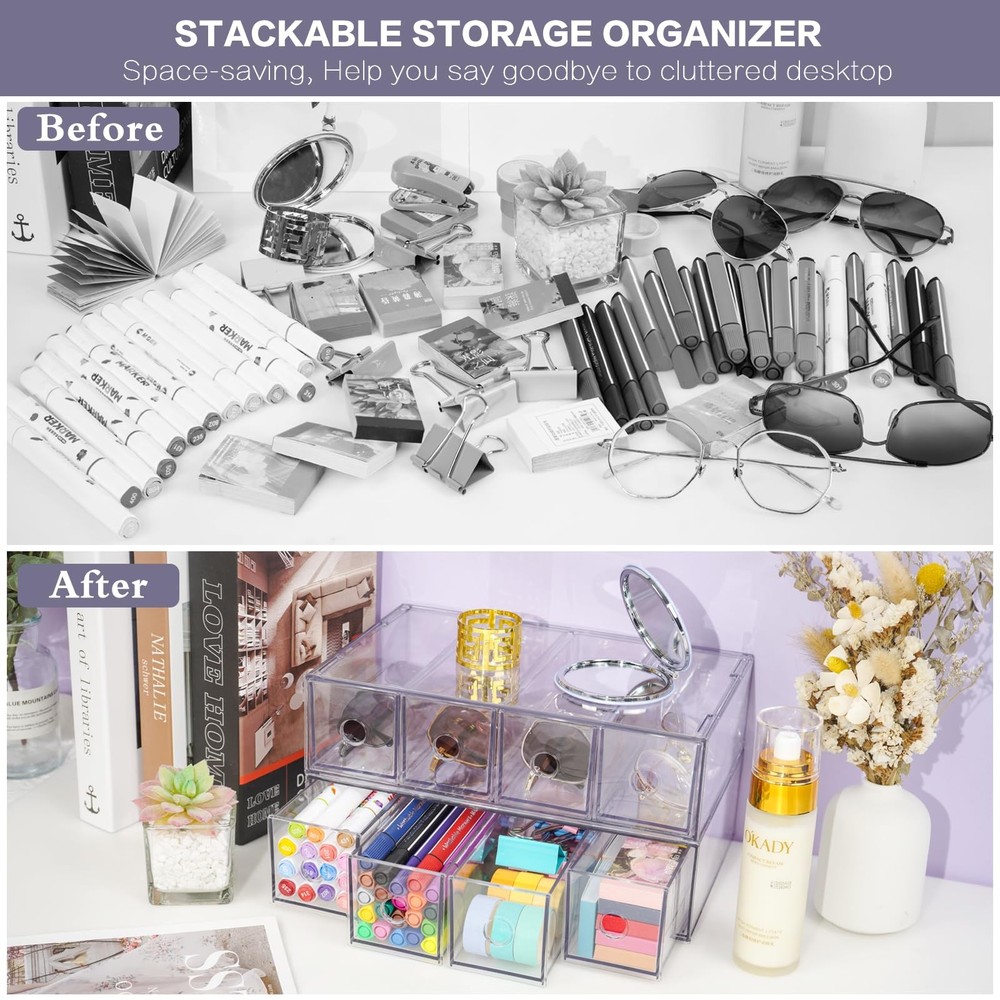 Desk Organizer with 4 Drawers, Stackable Desktop Storage Box with Removable D...