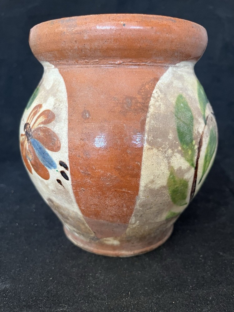 Fantastic Circa 1800’s Redware Milk Pitcher Applied Handle Painted Florals.