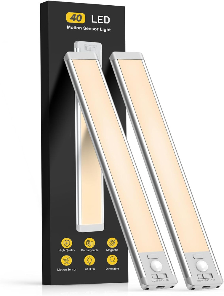 2-Pack 40 LED Motion Sensor Cabinet Lights, Rechargeable & Wireless Indoor