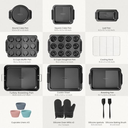 25 PCS Stackable Baking Pans Set, Non-stick Bakeware Sets with Silicone Black