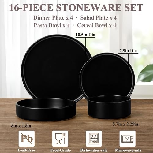 Dinnerware Sets with Pasta Bowls for 4 Piece Dinner Salad 16 Matte Black