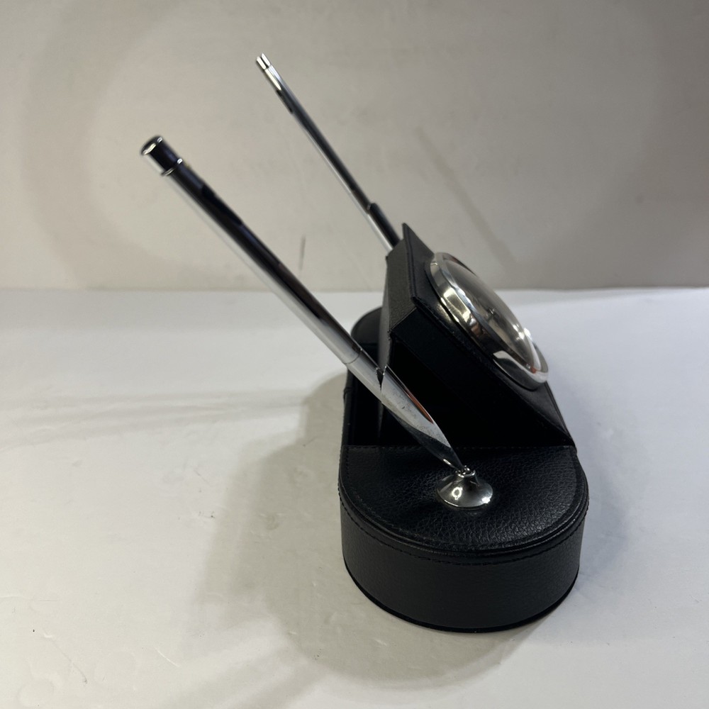 Leather Desk Clock & 2 Pens Leather Wrapped
