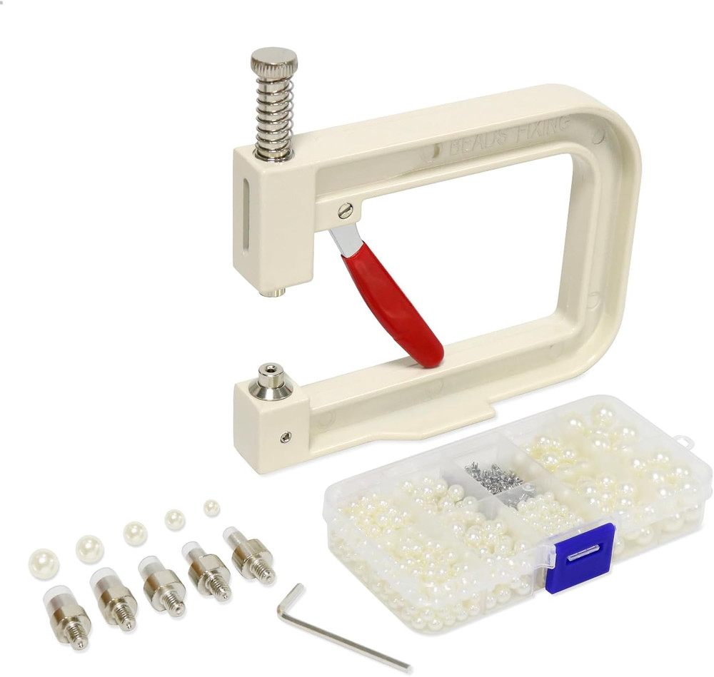 Troyune Pearl Setting Machine, Pearl Hand Press Tools with White Pearl Beads