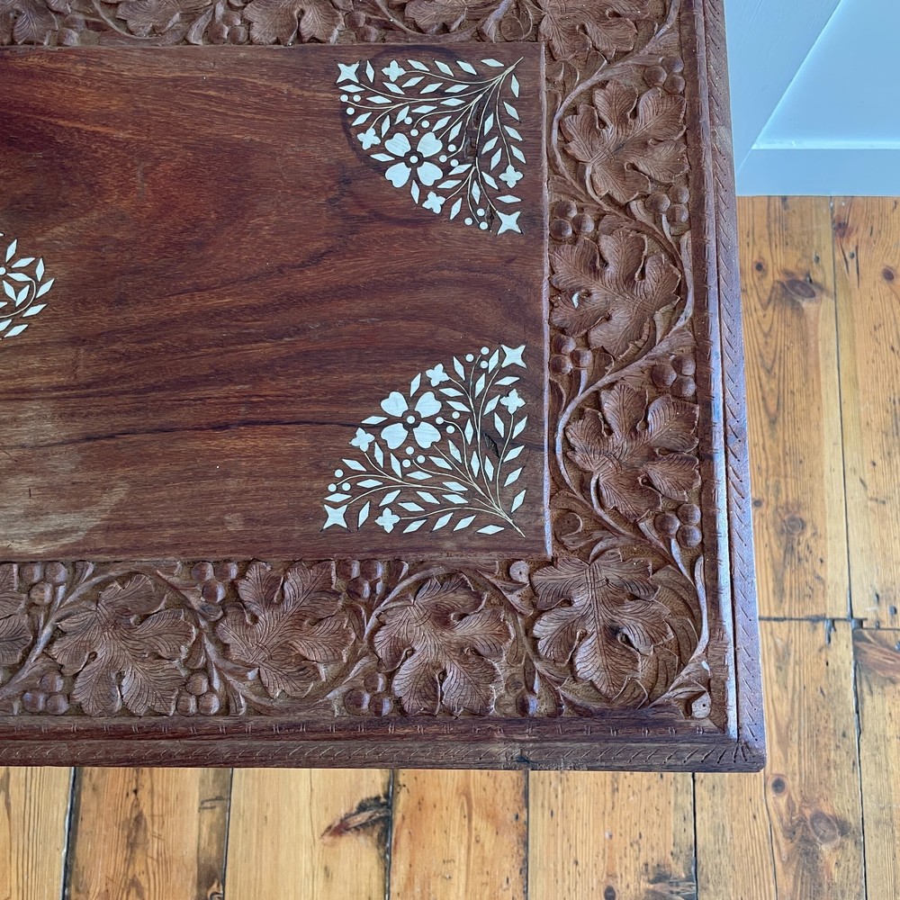 Indian Carved Folding Table Rectangular Coffee Table Inlaid Floral Pattern