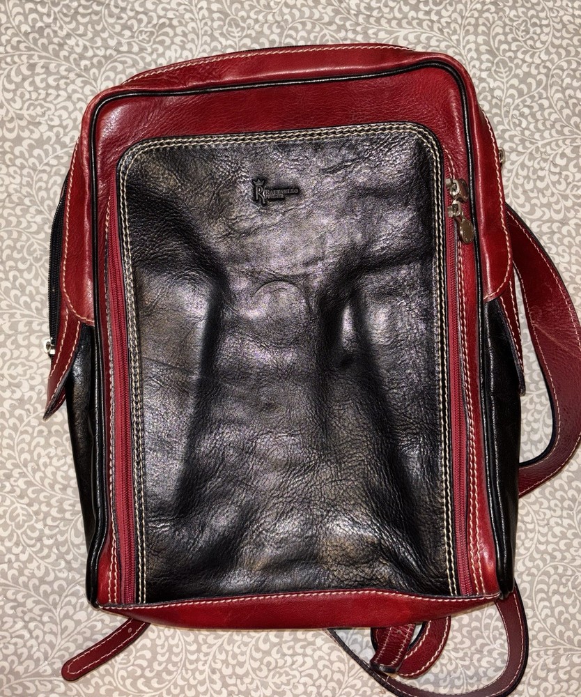 Backpack Italian Leather Black with red accents
