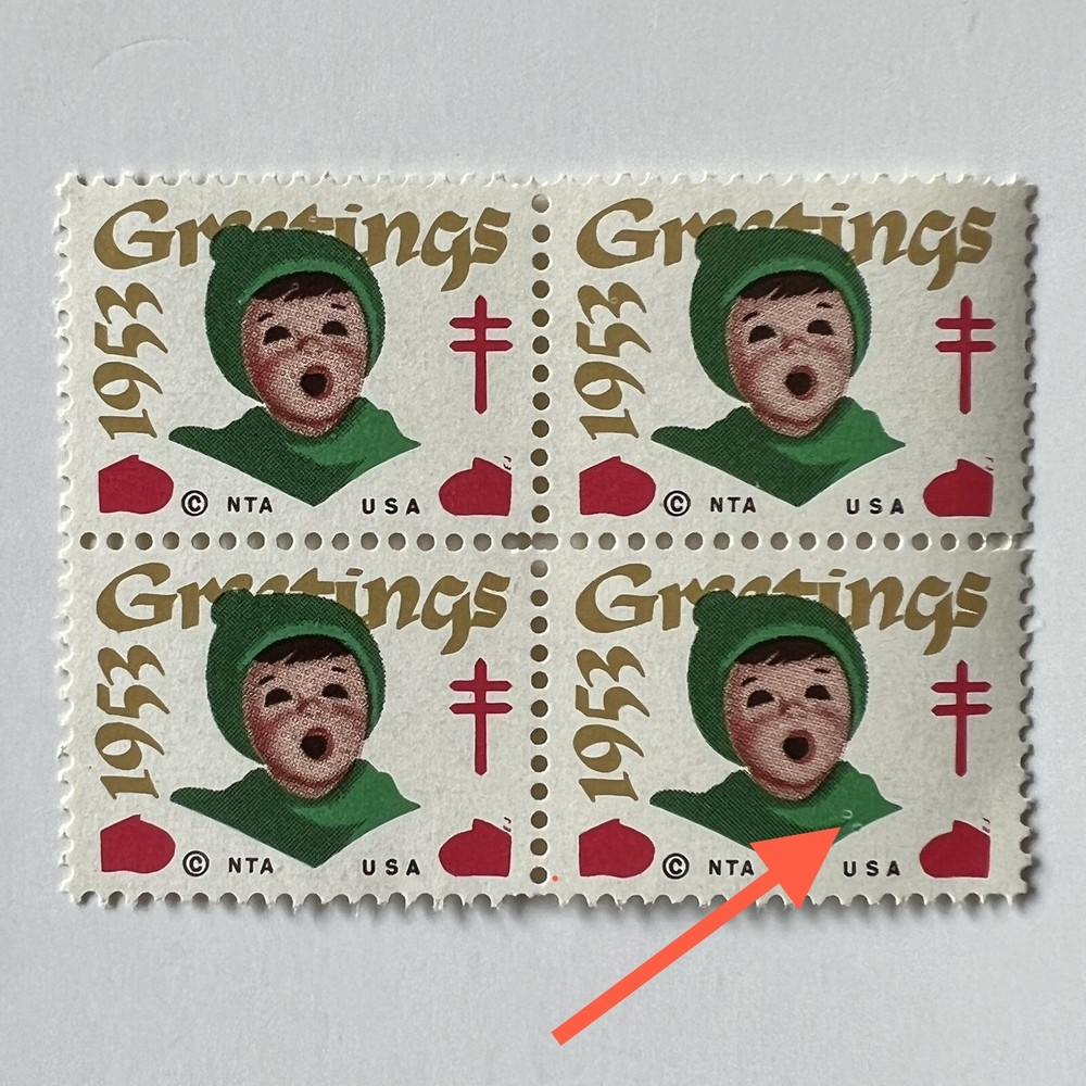 ERROR 1953 CHRISTMAS SEAL BLOCK WITH WHITE DOT ON SCARF MNH