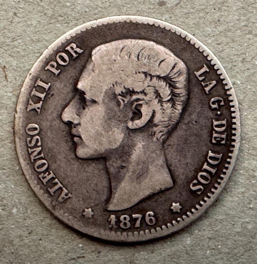 Spain, Peseta, 1876 (76) DE-M, KM#672
