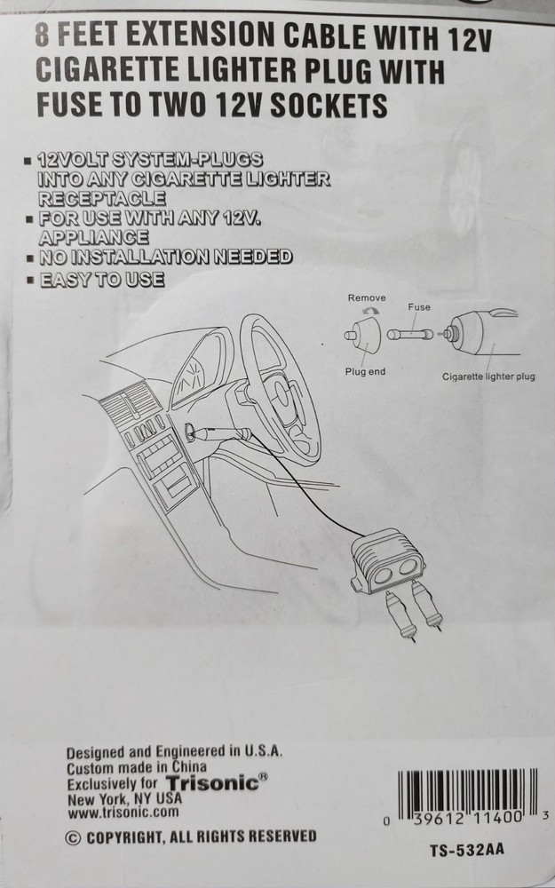 12V Car Cigarette Lighter Splitter 8ft Extension Cable 2 Socket Adapter