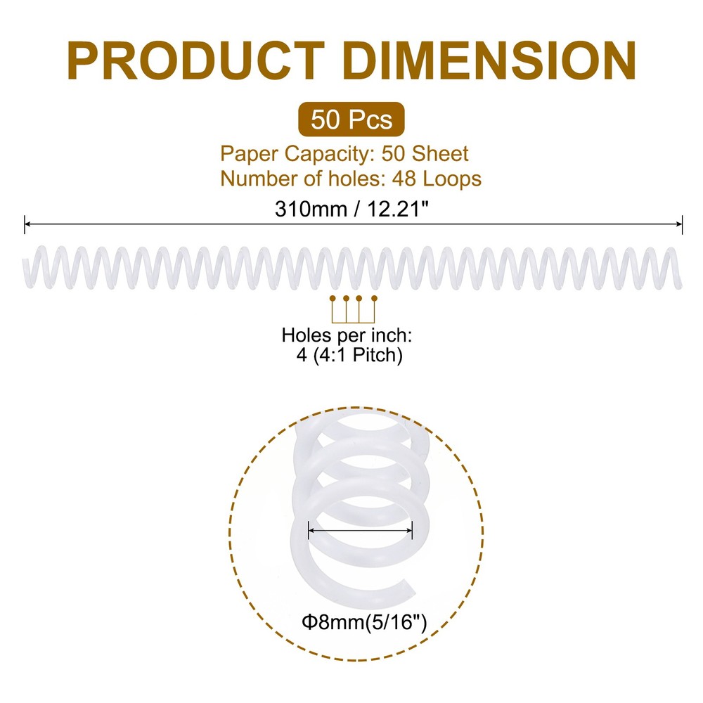50 Pack Spiral Binding Coils, 11mm(7/16") Binding Coils, White