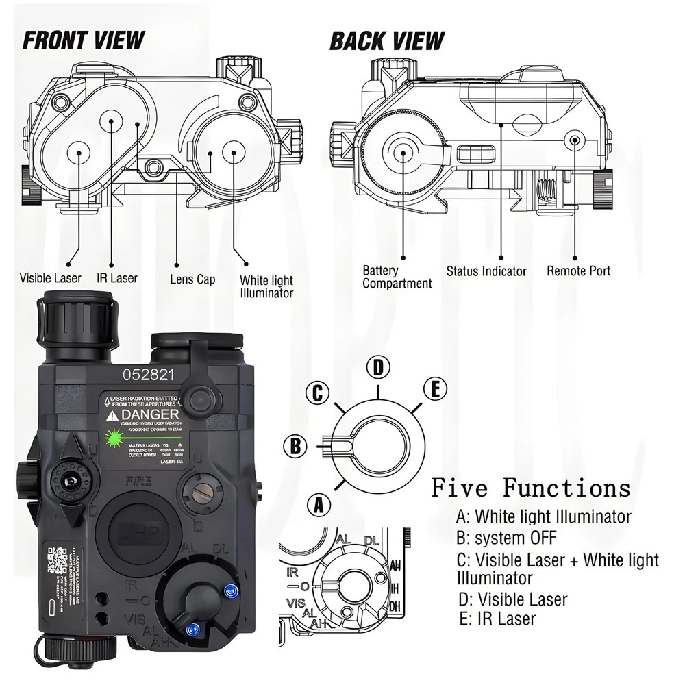Visible Green Laser with IR & White LED Flashlight, Battery Powered