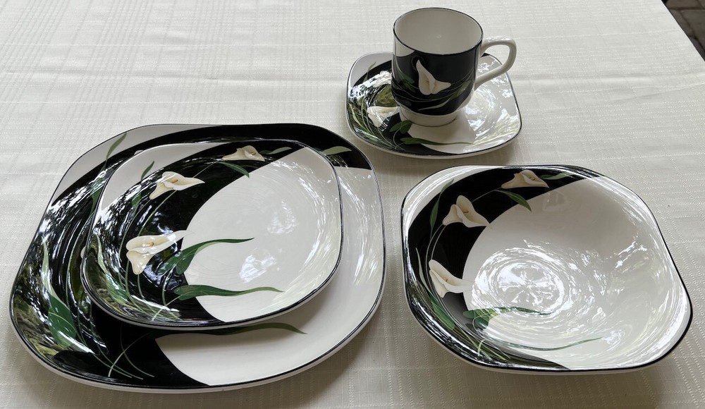 15 Pcs, 3 Place Settings Sango Quadrille Black Lillies Dinnerware
