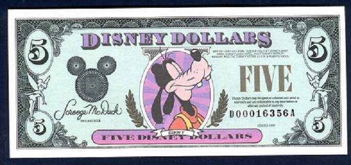 DISNEY 5 DOLLARS, 1993D, UNCIRCULATED