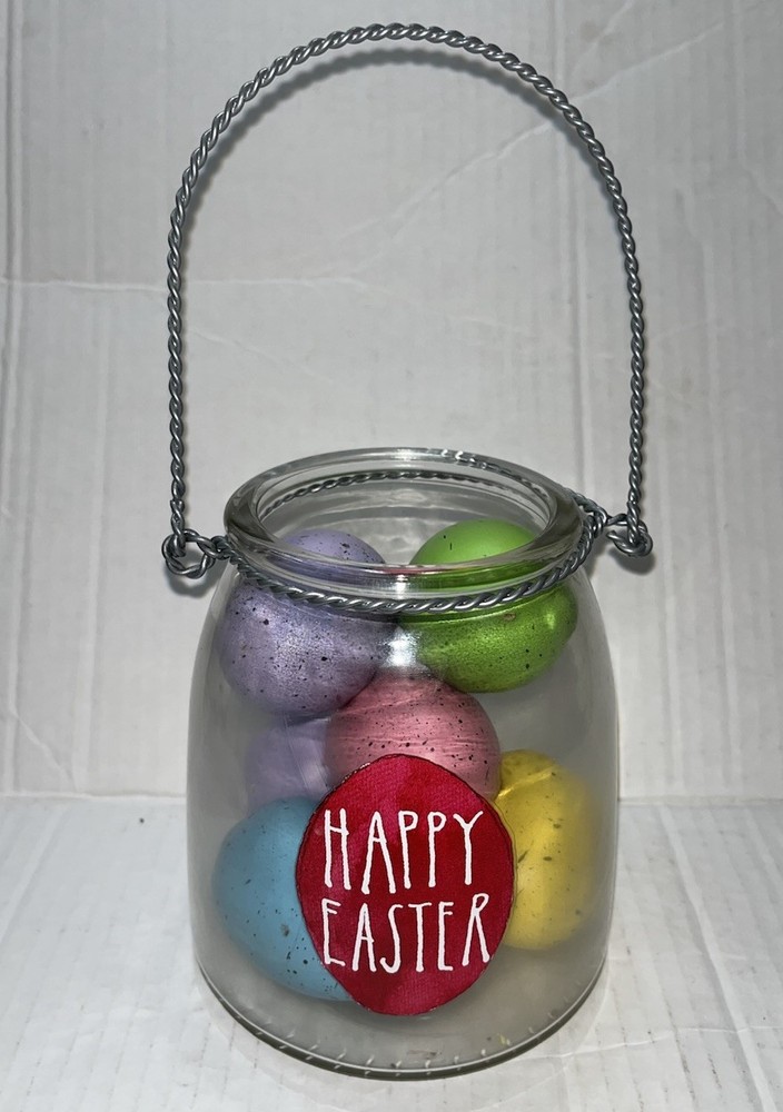 Rae Dunn colorful Easter Eggs in Happy Easter Clear Glass Jar w/Handle EUC