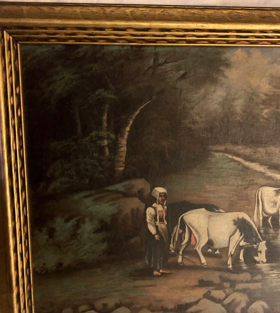 Large Antique Framed Painting Signed A.E. Birchman Cows Stream Scenery