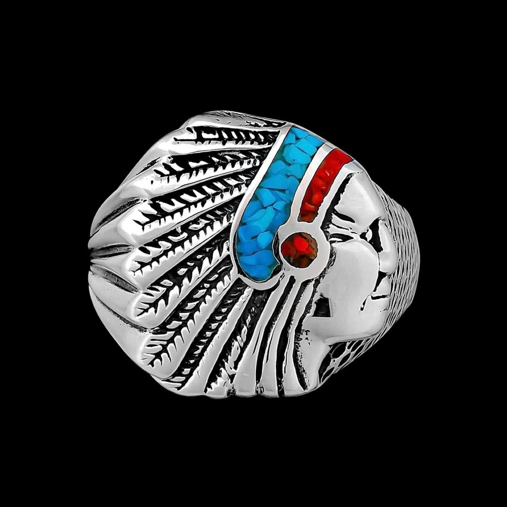 Turquoise and Coral Southwestern Warbonnet Ring