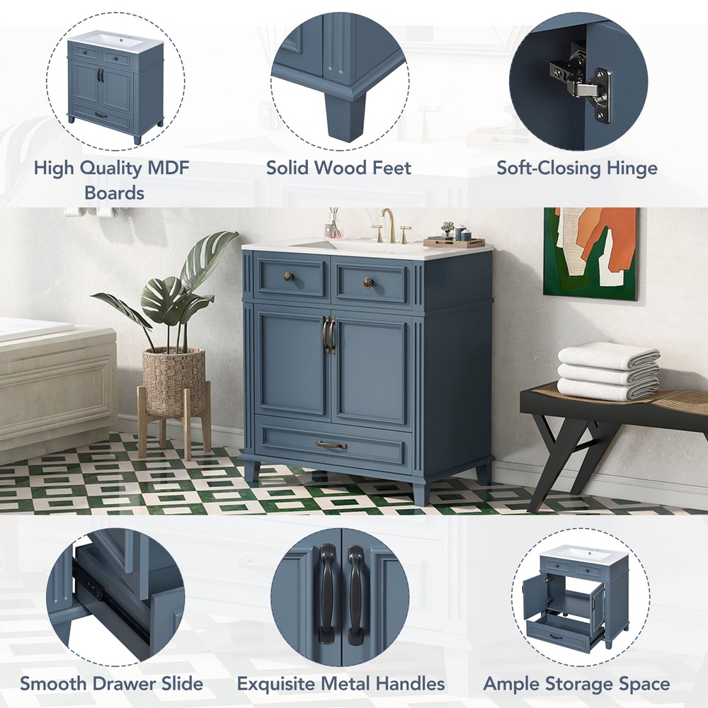 30'' Bathroom Vanity with Ceramic Sink,Solid Wood Frame Bathroom Storage Cabinet