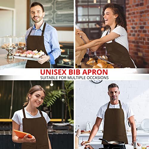Brown Bib Apron with Pockets Adjustable Unisex Cooking Kitchen Machine Washable