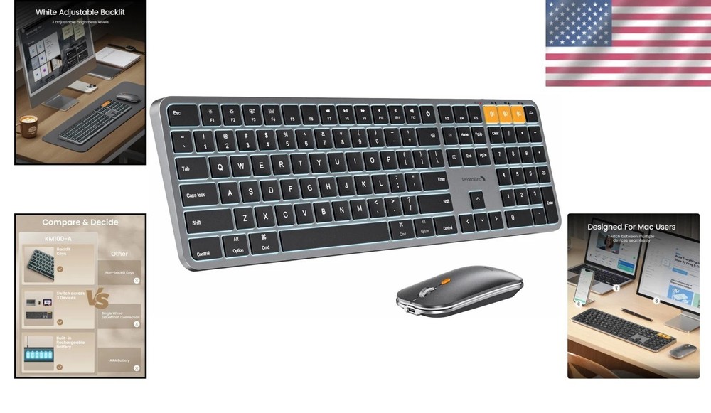 Mac Keyboard & Mouse Combo: Backlit Full Size Bluetooth, Rechargeable, Space ...
