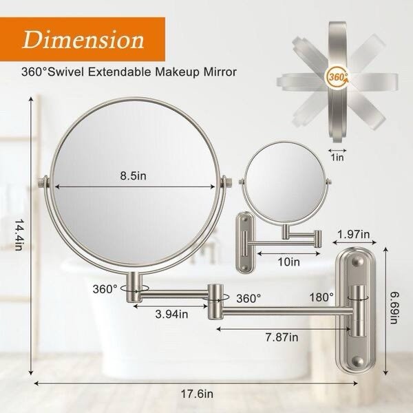 17x14in Round Telescoping Wall Bathroom Makeup Mirror, Brushed Nickel
