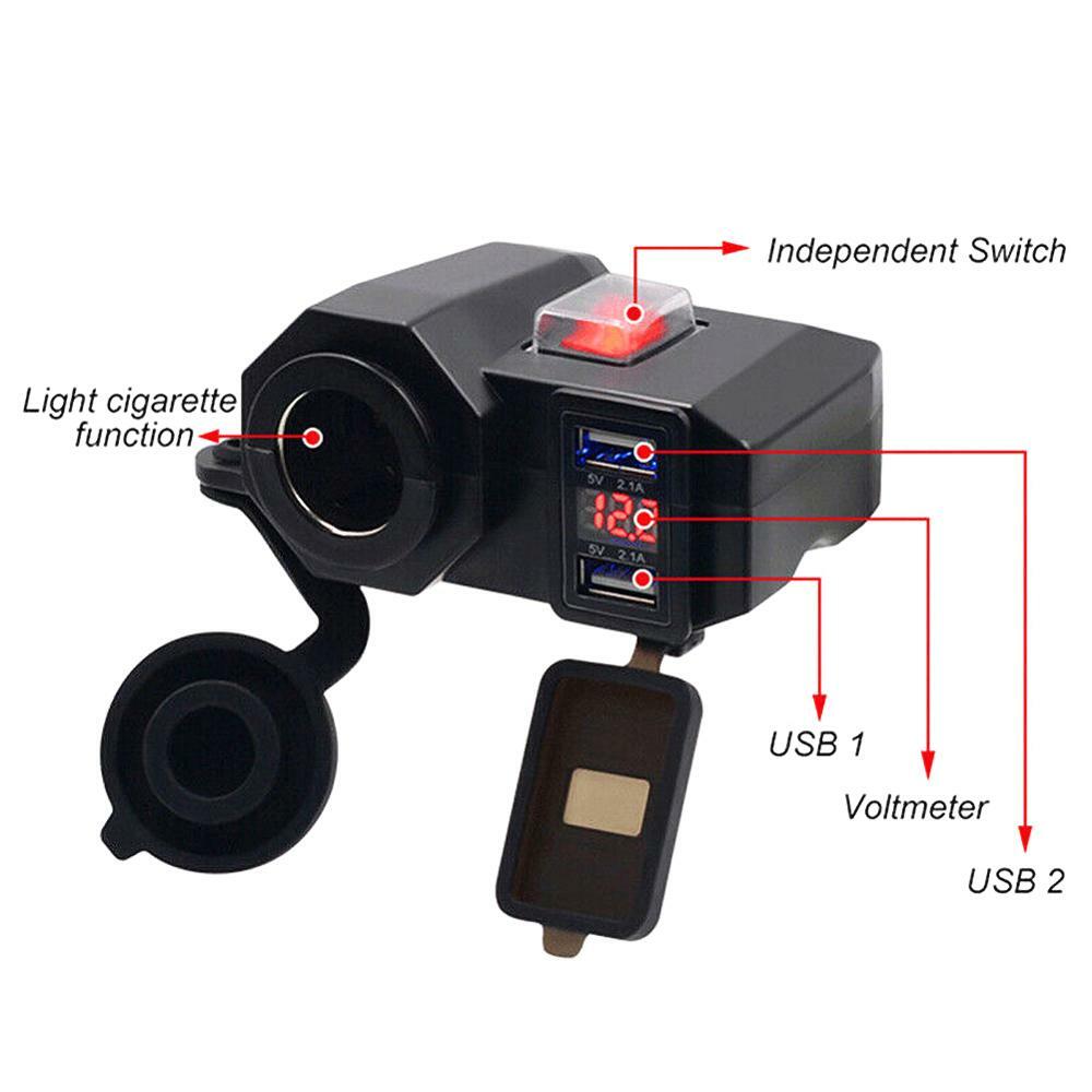 12V Motorcycle USB Charging Holder Waterproof 2USB Port＆Cigarette Lighter Socket
