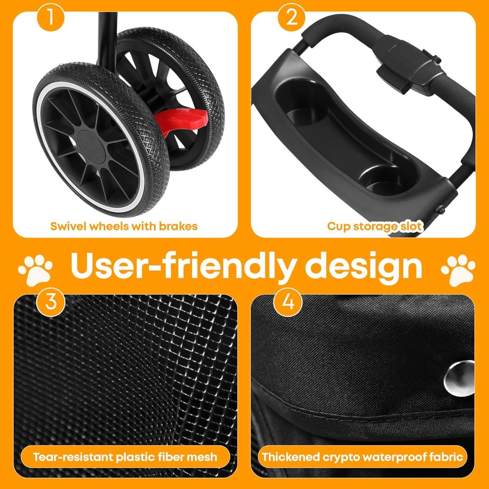 Pet Stroller Dog Stroller Small Medium Dog Cat 3 Wheels Foldable with Canopy