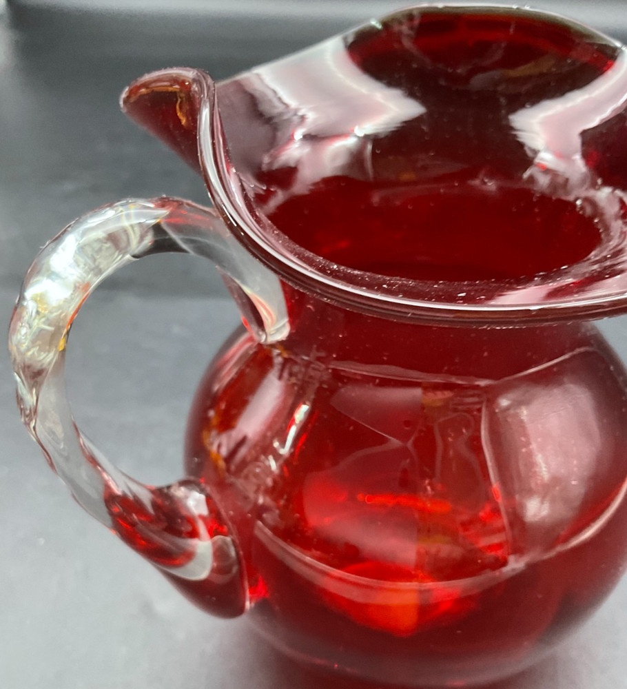 MCM Handblown Ruby Red Ruffled Clear Glass Handle Pitcher 5"