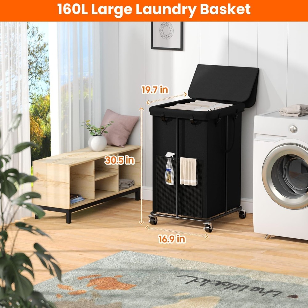 160L Laundry Hamper with Lid, Rolling Laundry Basket with Wheels, Large & Tal...