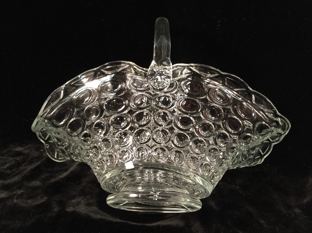 Clear Heavy Pressed Glass Oval Basket w/Handle Bubble Design