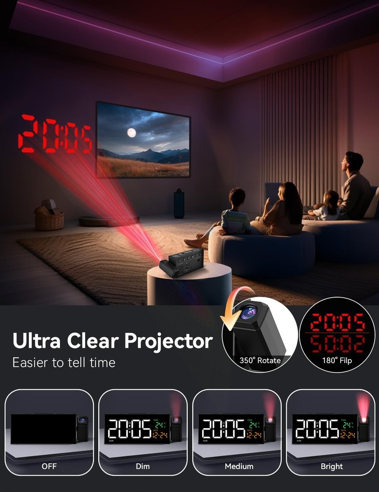 Projection Clock for Bedroom Ceiling, Alarm Clocks with 180° Rotatable Projector