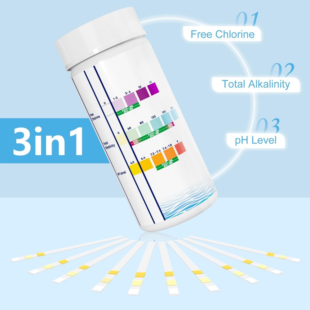 Test Strips for Pool & Spa 125 Count 3in1 Kit for pH, Chlorine, Alkalinity