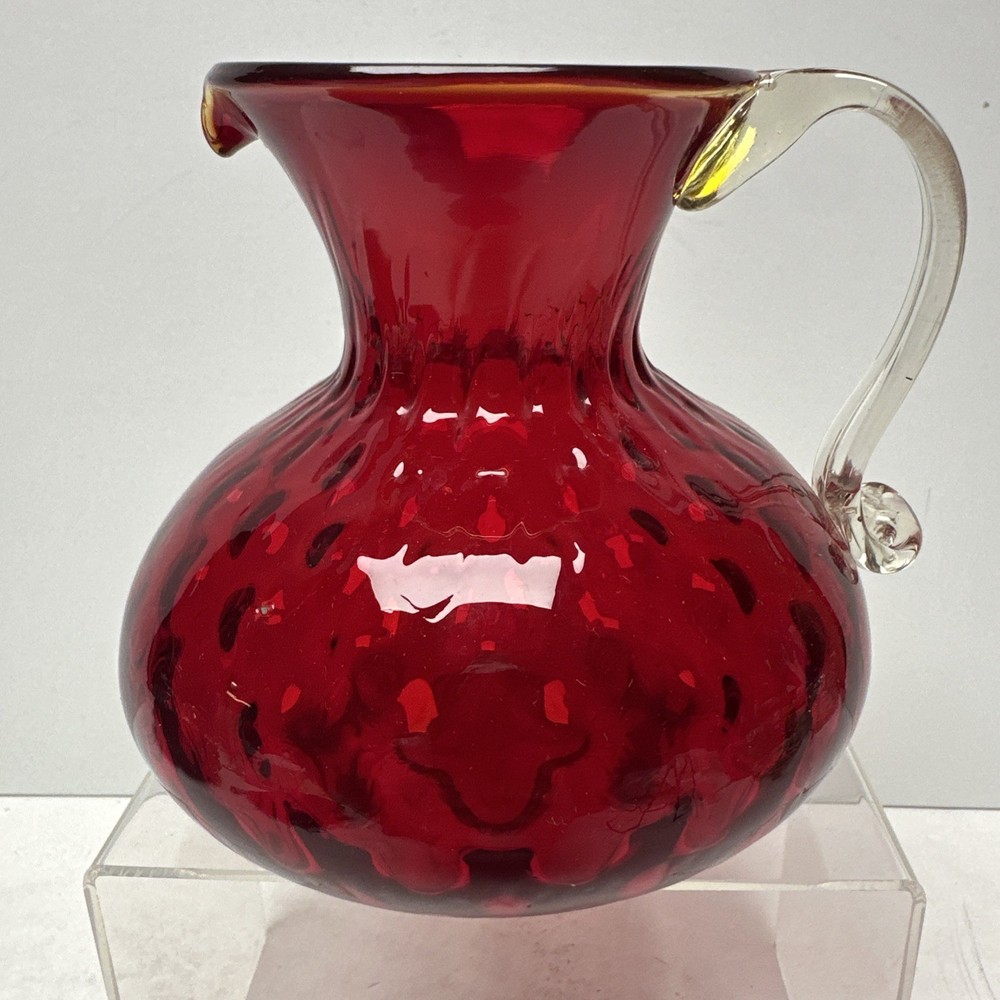 Pilgrim Glass Ruby Red Quilted Optic Pitcher Handle Rim Glows Hand Blown 5”
